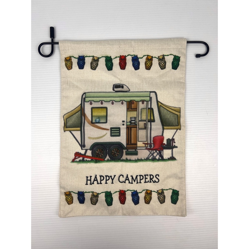 Happy Campers Garden Flag RV Trailer‎ Owl String Lights 12x16.5 Outdoor Decor